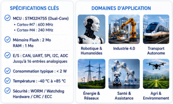 Specifications cles STM32H755 E/S consommation surete et domaines application