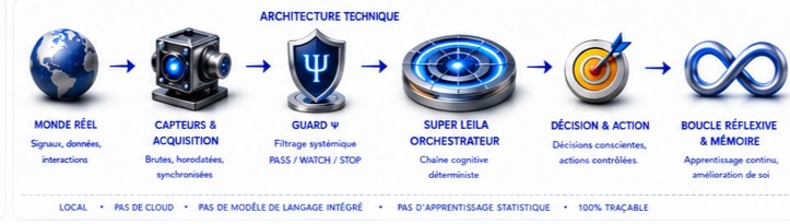 Architecture technique : Monde réel → Capteurs → Guard Ψ → Orchestrateur → Décision → Boucle réflexive & Mémoire