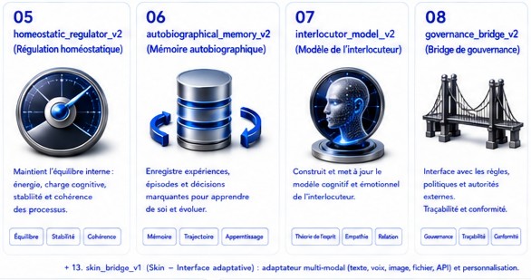 Composants 05–08 : régulation homéostatique, mémoire autobiographique, modèle interlocuteur, bridge gouvernance